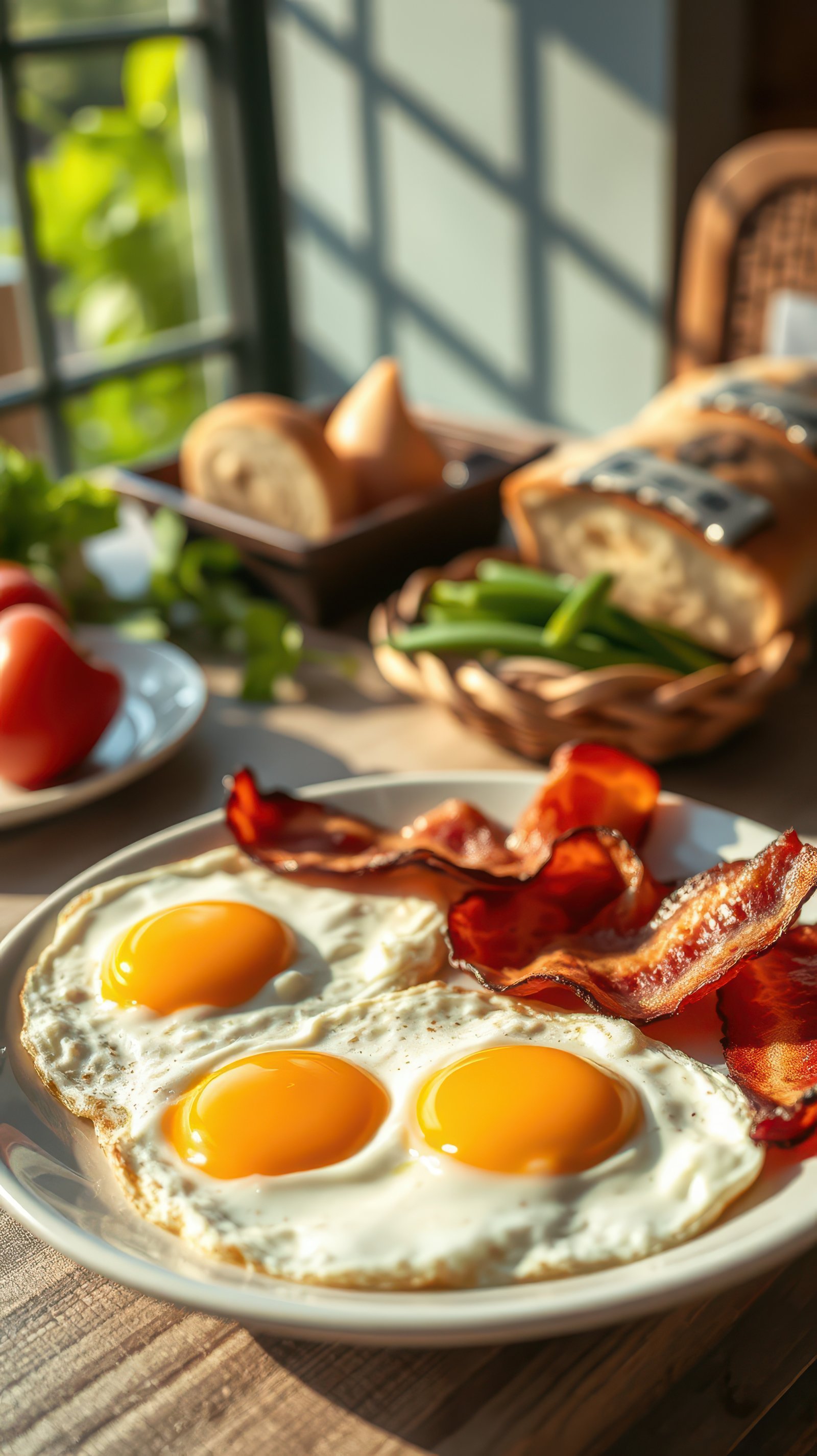 Crisp bacon and sunny side up eggs served with fresh bread and fruits on a sunny breakfast table